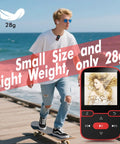 Clip-On Bluetooth 5.3 MP3 Player With 1.5 Inch Screen shown on skateboarder, 28g, red, emphasizing its portability.