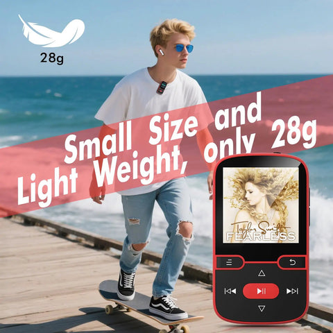 Clip-On Bluetooth 5.3 MP3 Player With 1.5 Inch Screen shown on skateboarder, 28g, red, emphasizing its portability.
