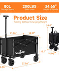 All Terrain Collapsible Wagon Cart With 25 Inch Foldable Design And 200 Lb Weight Capacity, 80 Liter Interior, Easy Fold, 360 Degree Wheels, Perfect For Grocery Runs Shopping Camping Beach Trips And Sports Gear, Black shown unfolded and folded.