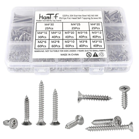 525 Piece Self Tapping Wood Screws Set M2 M3 M4 Flat Head Phillips Countersunk Screws In 304 Stainless Steel 13 Sizes Kit