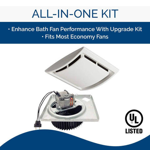 Bathroom Ventilation Grille Upgrade QuickKit With 60 CFM Fan Motor shown with white grille and motor components.