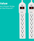 Six-Outlet Surge Protector Power Strips 2-Pack 900 Joule Protection 4-Foot Cord Lighted Switch 15-Amp Circuit Breaker