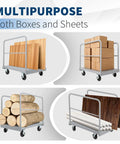Beefed Up Heavy Duty 36x24 Inch Steel Panel Cart 2 In 1 Industrial Platform Truck With 2200 Lbs Capacity shown carrying various materials