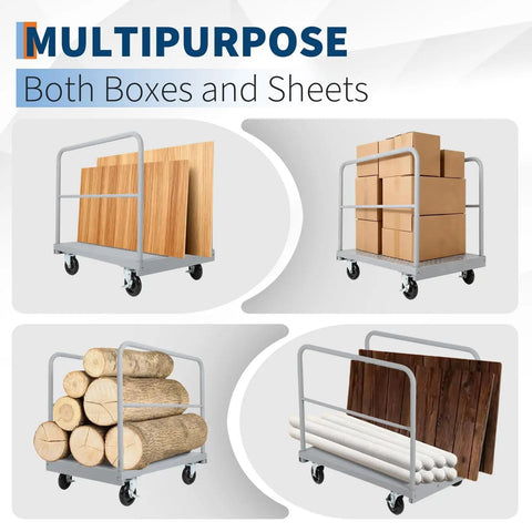 Beefed Up Heavy Duty 36x24 Inch Steel Panel Cart 2 In 1 Industrial Platform Truck With 2200 Lbs Capacity shown carrying various materials