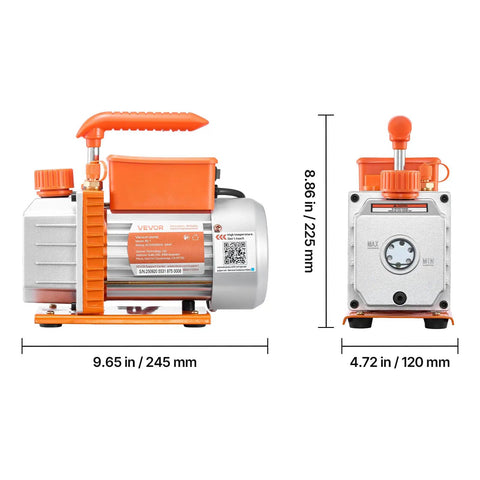AC Vacuum Pump And Gauge Kit For Auto HVAC Repair 3.5 CFM One Quarter HP Single Stage Rotary Vane With Carry Bag Pro Grade Refrigerant Ready R134a R22 R410A R1234YF R32 Compatible, side view with dimensions