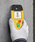 Wall Scanner Stud Finder 6-in-1 Metal Detector Auto Shutoff LCD(Yellow) held against concrete wall with LCD screen.