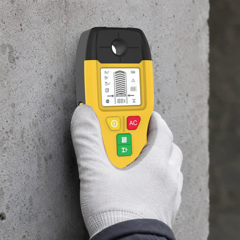 Wall Scanner Stud Finder 6-in-1 Metal Detector Auto Shutoff LCD(Yellow) held against concrete wall with LCD screen.