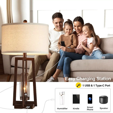 All In One 26 Inch Set Of 2 Farmhouse Table Lamps With USB And USB C Ports shown with family charging devices
