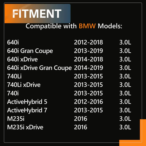 Fitment chart showing compatibility of BMW models 640i, 740Li, ActiveHybrid, M235i with the BMW Mass Air Flow MAF Sensor Replacement