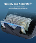 Pro Grade High Speed Money Counter Machine With UV MG IR DD Detection in action, counting a stack of bills quickly.