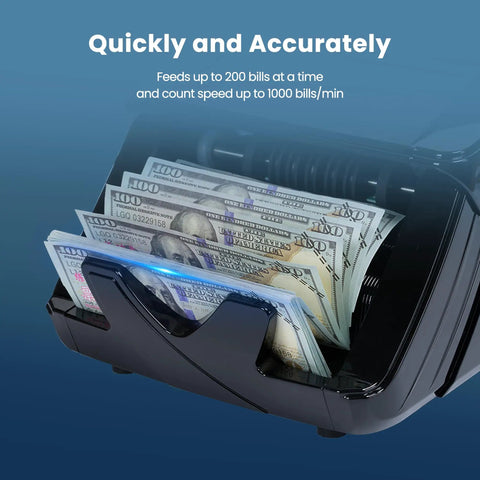 Pro Grade High Speed Money Counter Machine With UV MG IR DD Detection in action, counting a stack of bills quickly.