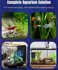 Complete aquarium solution featuring diverse fish and plant setups for fresh and saltwater tanks, with test strips kit option.