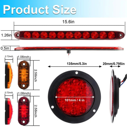 4 Inch Round LED Trailer Lights Kit dimensions with 2 round lights, 16 inch light bar, and side markers for RV truck.