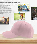 Omnia Vincit Pink Breathable Hat For Women With Adjustable Buckle displayed on a table with outdoor activity images in the background.