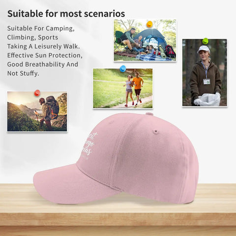 Omnia Vincit Pink Breathable Hat For Women With Adjustable Buckle displayed on a table with outdoor activity images in the background.