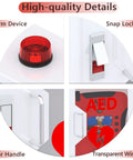 Heavy Duty AED Defibrillator Wall Cabinet with alarm device, snap lock, door handle, and transparent window for emergency use.