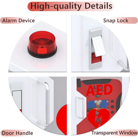 Heavy Duty AED Defibrillator Wall Cabinet with alarm device, snap lock, door handle, and transparent window for emergency use.