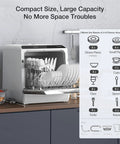 No Sweat Portable Countertop Dishwasher With Slick Wifi App Control, Five Liter Built In Water Tank, Six Fast Wash Cycles, 360 Dual Spray Jets, High Heat Sanitize, Automatic Air Dry, And Deep Clean Mode For Daily Dishes in a compact kitchen arrangement.