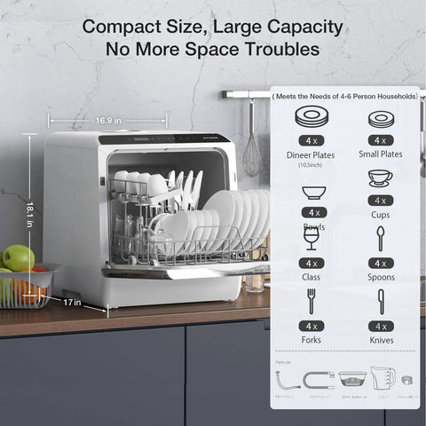 No Sweat Portable Countertop Dishwasher With Slick Wifi App Control, Five Liter Built In Water Tank, Six Fast Wash Cycles, 360 Dual Spray Jets, High Heat Sanitize, Automatic Air Dry, And Deep Clean Mode For Daily Dishes in a compact kitchen arrangement.