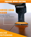 AMZWEI curved-edge oscillating tool blade; black body with orange cutting edge and measurement scale, close-up view