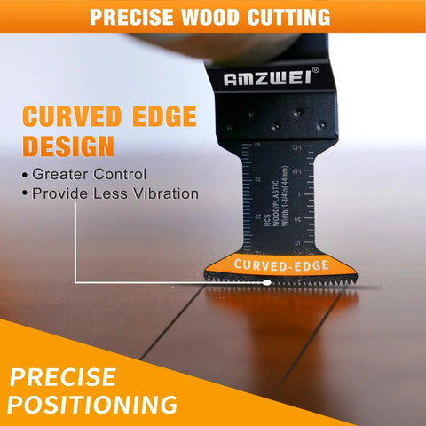 AMZWEI curved-edge oscillating tool blade; black body with orange cutting edge and measurement scale, close-up view