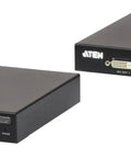 Sleek Dvi Kvm Extender With HDBaseT 2.0 for Crisp Dual View Remote Console setup; compact black unit with DVI input and output ports.