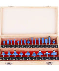 Open wooden box displaying 24 Piece 1/4 Inch Shank Router Bit Set With T Shape Bits For Pros And Beginners Heavy Duty Steel Body Anti Kickback Safety Ideal For Woodworking Projects And Commercial Shops.