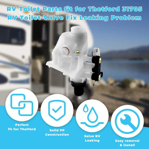Freeze Resistant RV Toilet Water Valve Kit For RV Toilets Like Aqua Magic V Built Tough With High Impact PP Construction Cold Weather Ready Replacement Part Compatible With 31653 31688 31705 Series Durable Quick Install Valve, white valve on RV backdrop