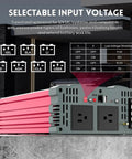 Power Up Anywhere With A 2500W Pure Sine Wave Inverter showing dual AC outlets, battery type icons, and selectable input voltage settings.