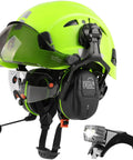 Top Shelf Ventilated Hard Hat With Dual Layer Visor Bluetooth Earmuffs And Led Headlamp ANSI Certified Safety Gear angle with visor and lamp.