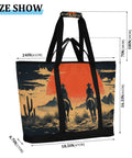 Western Desert Cowboy Insulated Cooler Bag Reusable Thermal Tote with cowboy print and visible dimensions