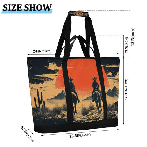 Western Desert Cowboy Insulated Cooler Bag Reusable Thermal Tote with cowboy print and visible dimensions