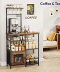 Espresso Coffee Bar Cabinet Organizer With Eight Hooks, Shelves And Door in kitchen corner with coffee machine and jars.