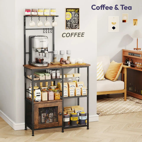 Espresso Coffee Bar Cabinet Organizer With Eight Hooks, Shelves And Door in kitchen corner with coffee machine and jars.