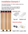 Triple Track Sliding Door Hardware Kit With Heavy Duty Aluminum Rails, Flush Mount Adjustable 3 Panel Bypass For Wardrobe And Room Divider, Cabinet Doors In Black, 220 Cm Long installation diagram showing three wooden panels and components.