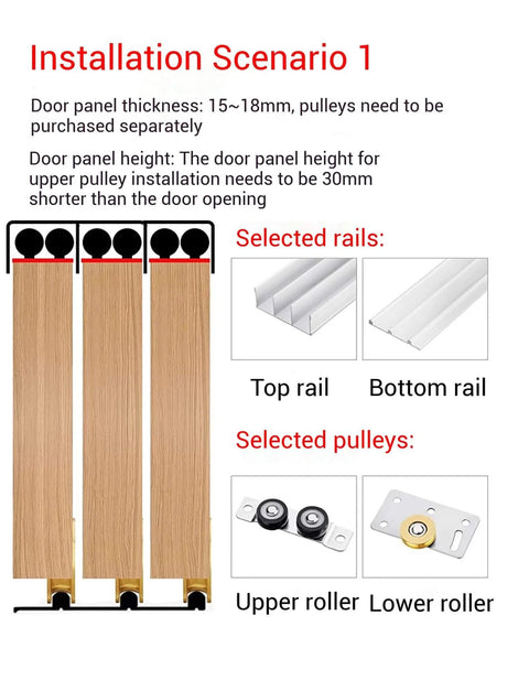 Triple Track Sliding Door Hardware Kit With Heavy Duty Aluminum Rails, Flush Mount Adjustable 3 Panel Bypass For Wardrobe And Room Divider, Cabinet Doors In Black, 220 Cm Long installation diagram showing three wooden panels and components.
