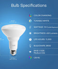 Specifications of BR30 Smart Flood Light Bulb With 2.4GHz WiFi RGBW Color Changing And Dimmable Lighting No Hub Needed