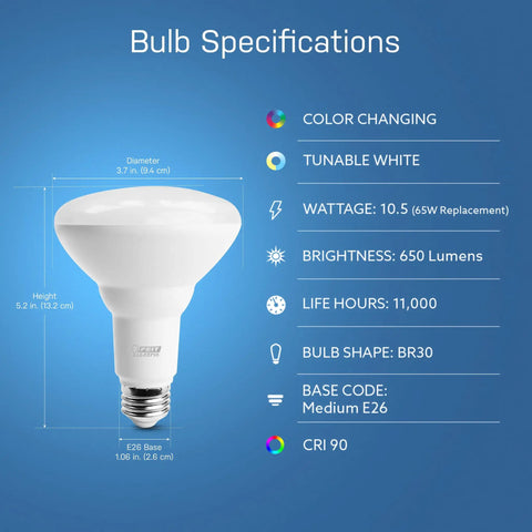 Specifications of BR30 Smart Flood Light Bulb With 2.4GHz WiFi RGBW Color Changing And Dimmable Lighting No Hub Needed