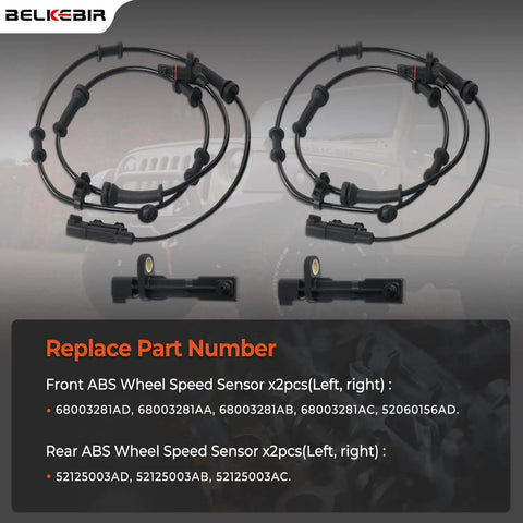 4Pc Abs Wheel Speed Sensor Assembly For 2007 To 2017 Jeep Wrangler Jk With 3.6 Liter Or 3.8 Liter Engines, showing front and rear sensors.