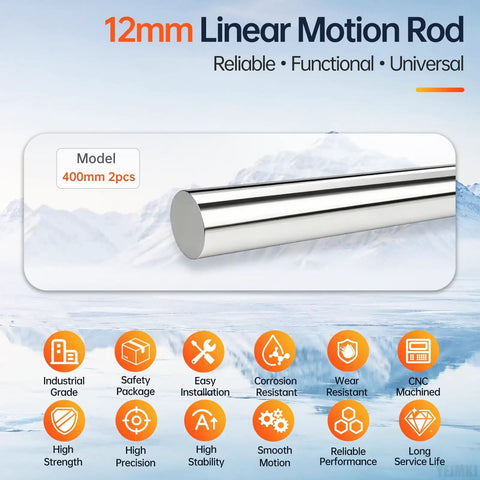 Premium 2 Pack Smooth Linear Motion Rods Shaft Guide Rail 12mm X 400mm C45 Carbon Steel Precision Linear Guide for CNC projects.