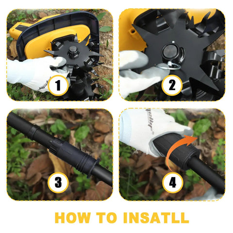 Installation steps for Cordless Garden Tiller Cultivator Compatible With 20V Battery Tool Only, focusing on assembly.