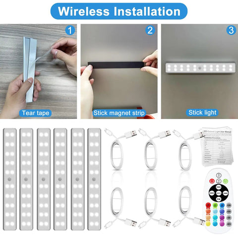 Step-by-step installation of Six Pack Wireless Under Cabinet Lights With Remote USB Rechargeable RGB LED Bar Kit, 48 LEDs shown.