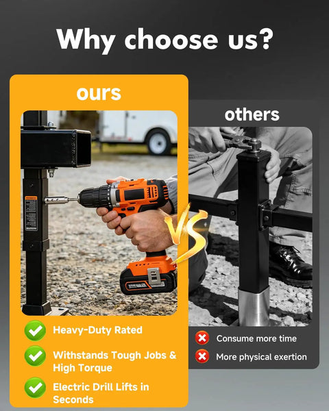 Comparison of trailer jack drill adapter use; shows cordless drill powering jack vs manual crank with exertion involved.