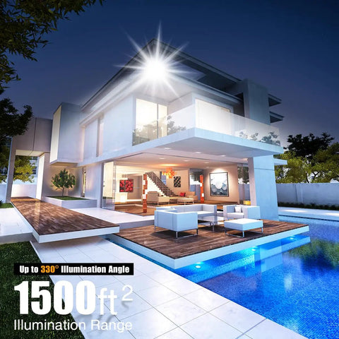 Modern house illuminated by Led Outdoor Flood Light 150W 13500Lm with 330 Degree Coverage, highlighting exterior and pool at night.