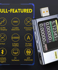 All In One USB Power Tester And Multimeter With App, 4-28V, 7A, LCD Display, showing specifications and features
