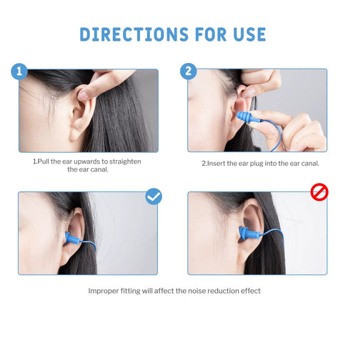 Directions for use of Noise Cancelling Ear Plugs 27dB NRR, Corded And Reusable, Individually Packaged With Belt Clip