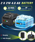 Two 21V 4.0Ah batteries and charging indicator for the Cordless Garden Tiller With Dual 20V 4Ah Batteries, 9 Inch Tilling Width