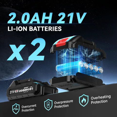 Heavy Duty Cordless Ratchet Wrench Kit With 133 Ft-Lbs Torque, 21V Power, 21V 2.0Ah Li-Ion batteries showcased with protection features