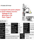 Mini 3D Printer for Beginners, Fully Assembled Desktop Printing Machine With High Precision 0.05mm Layer Resolution, power specs shown