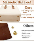 Magnetic Purse Feet For Handbags 4 Pack No Hole Design Metal Bag Feet Protectors visible on handbag base.